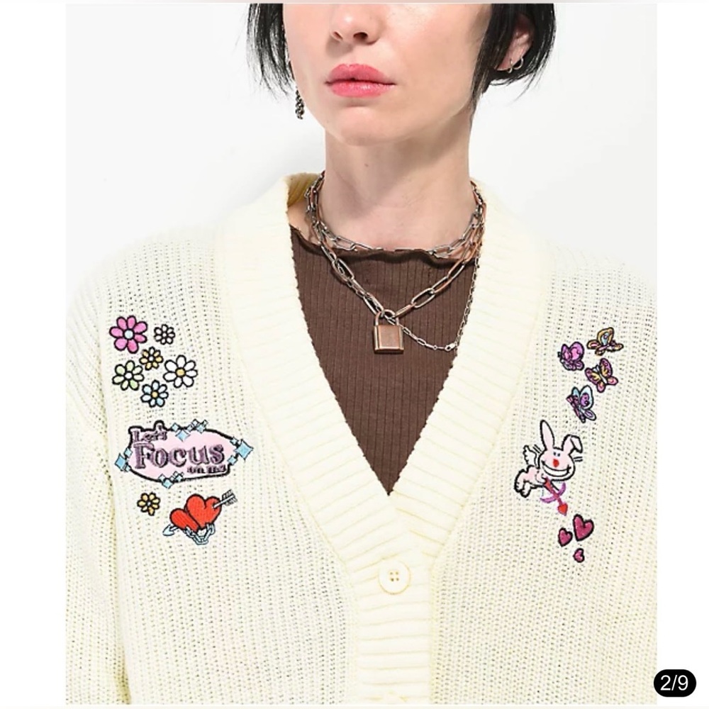 Broken Promises x Happy Bunny Focus On Me Cardigan Ivory Crop Sweater